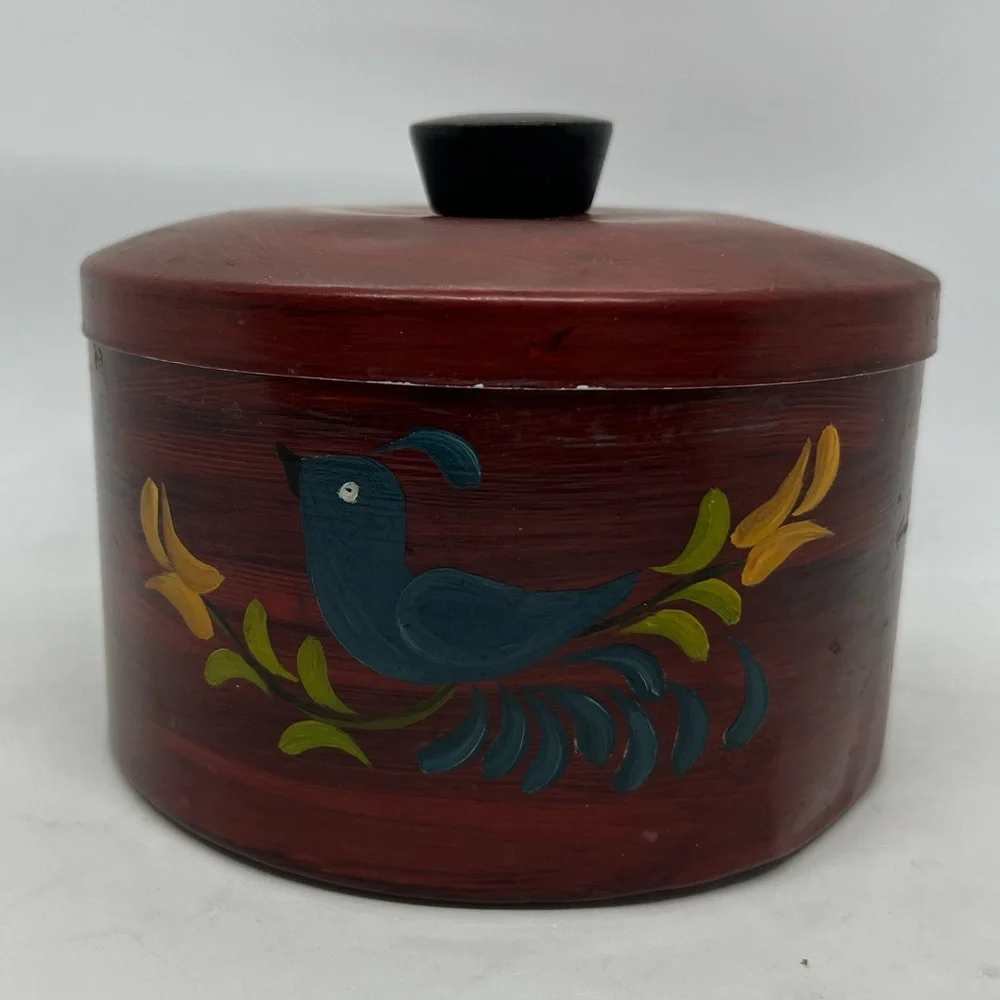 Vintage Primitive Hand Painted Aluminum Grease Jar with Lid